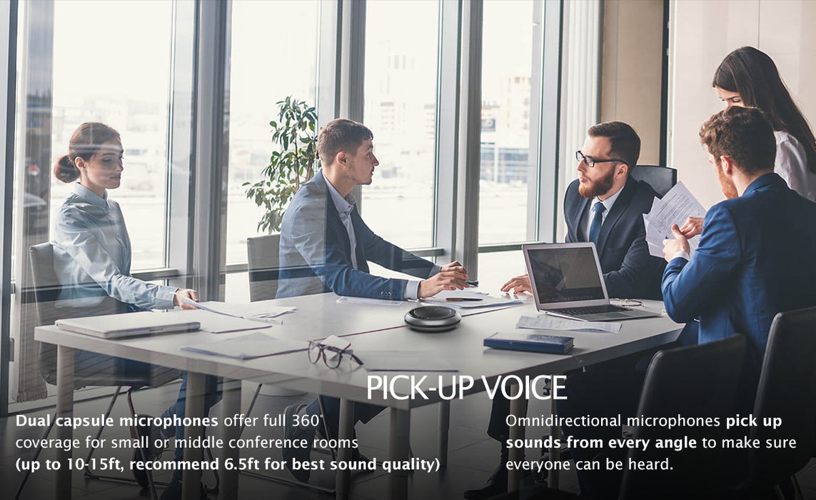 iConf feature 1: 360° omnidirectional pick-up voice. Dual kcapsule microphones offer full 360° coverage for small or middle conference rooms(up to 10-15ft, recommend 6.5ft for best sound quality). Omnidirectional mcrophones pick up sonds from every angle to make sure everyone can be heard.