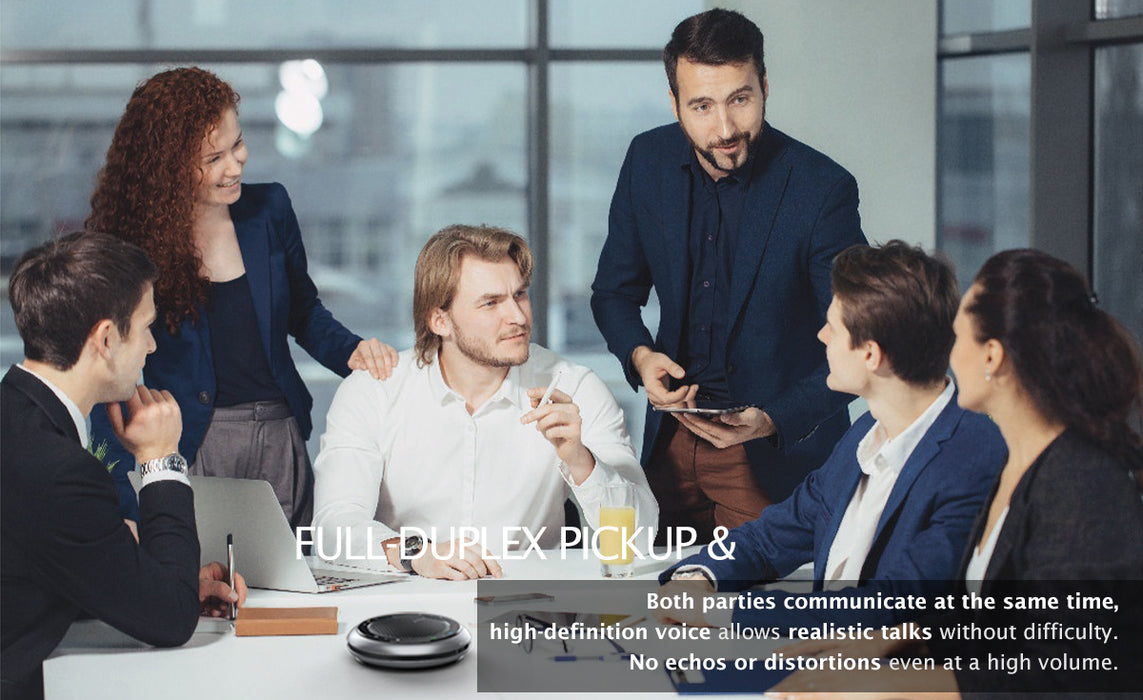 iConf feature 2: Full- duplex pickup and DSP technology. Both parties communicate at the same time, high-definition voice allows realistic talks without difficulty. No echos or distortions even at a high volume.