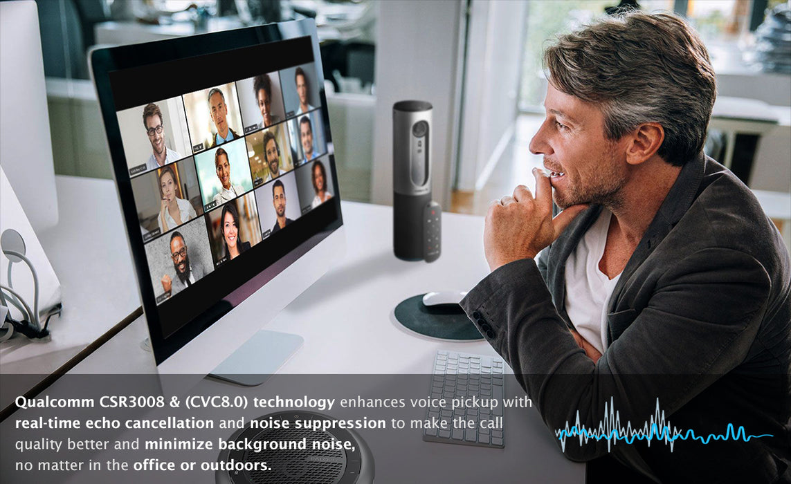 iConf feature 3: Noise cancellation. Qualcomm CSR3008 & CVC 8.0 technology enhances voice pickup with real-time echo cancellation and noise suppression to make the call quality better and minimize background noise, no matter in the office or outdoors.